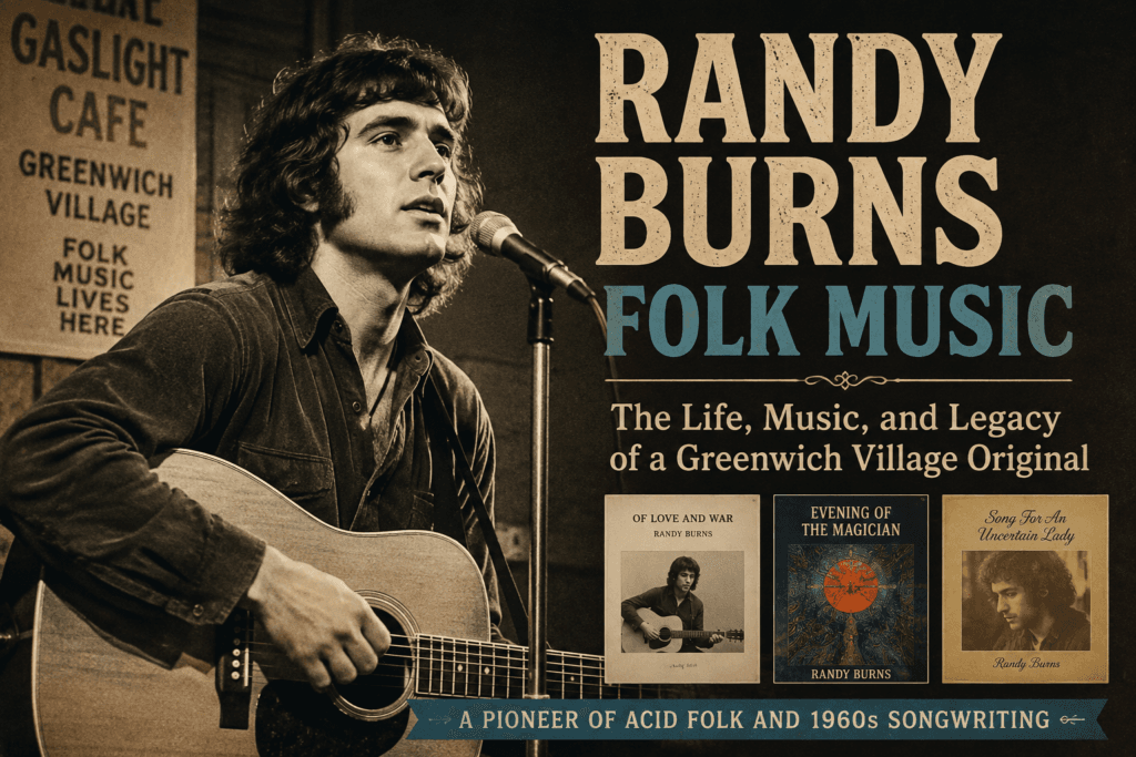 Randy Burns performing folk music with an acoustic guitar in Greenwich Village