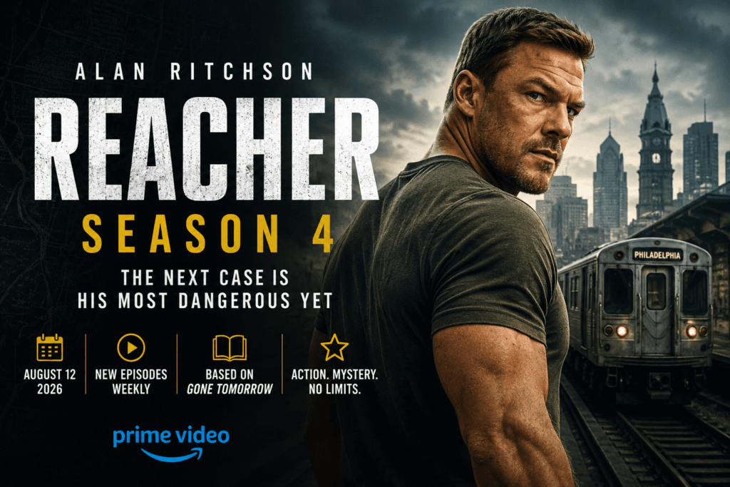 Alan Ritchson as Jack Reacher in Reacher Season 4 with the Philadelphia skyline and subway in the background