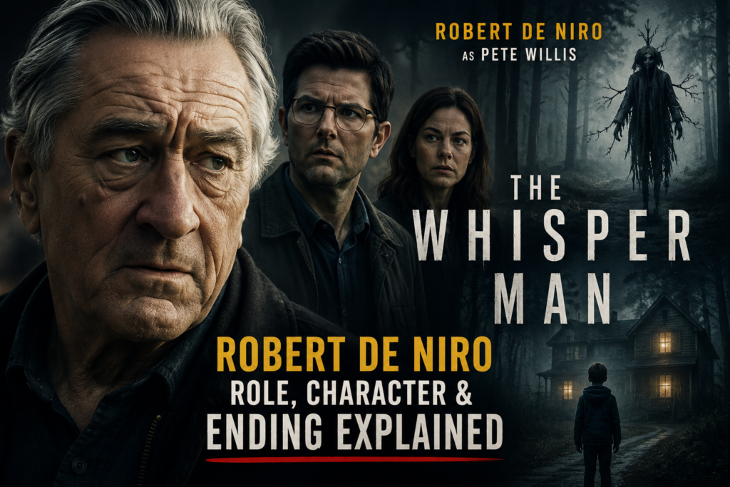 Robert De Niro as Pete Willis in The Whisper Man with the Whisper Man figure and a dark forest backdrop