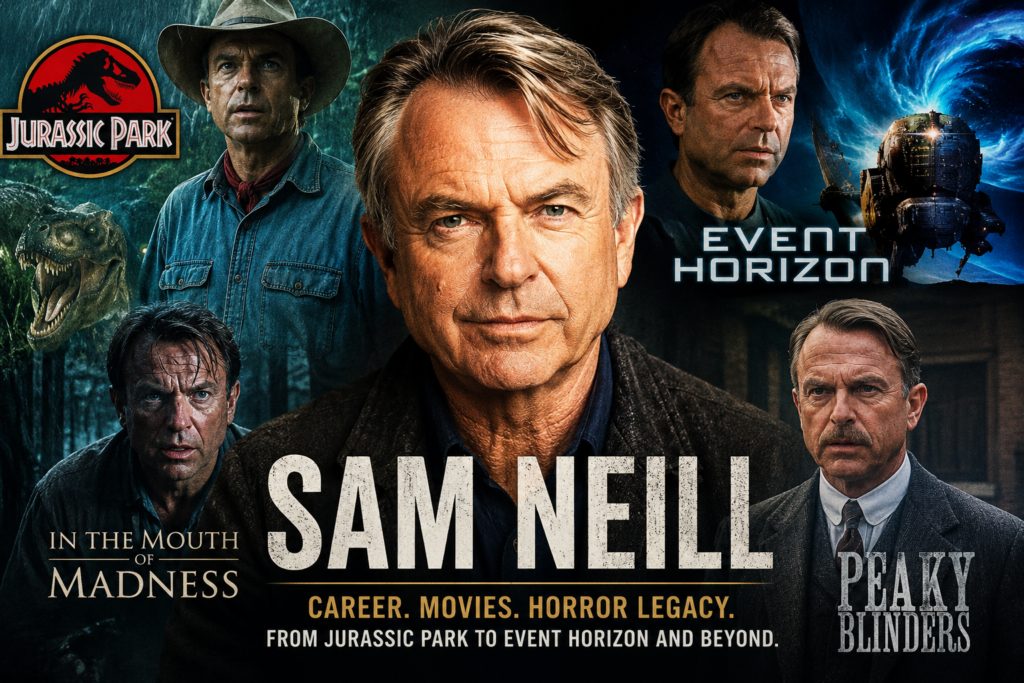 Sam Neill featured in a cinematic collage highlighting Jurassic Park, Event Horizon, In the Mouth of Madness, and Peaky Blinders