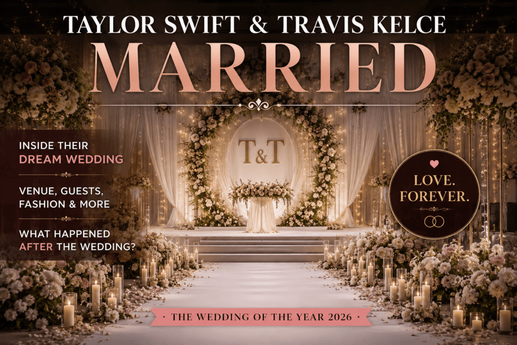 Taylor Swift and Travis Kelce wedding-themed featured image with an elegant floral wedding stage