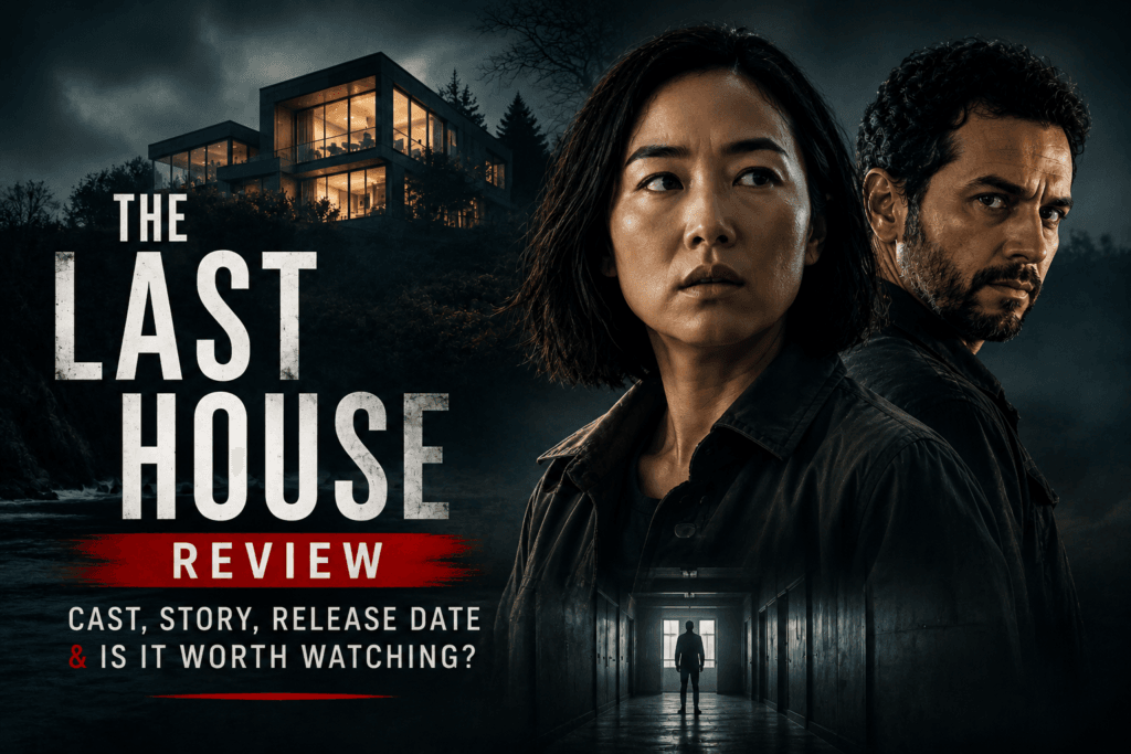 Featured image for The Last House review showing a mysterious modern house and the film's lead characters.