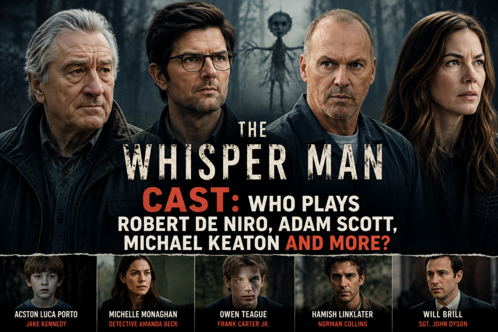 The Whisper Man cast featuring Robert De Niro, Adam Scott, Michael Keaton and Michelle Monaghan