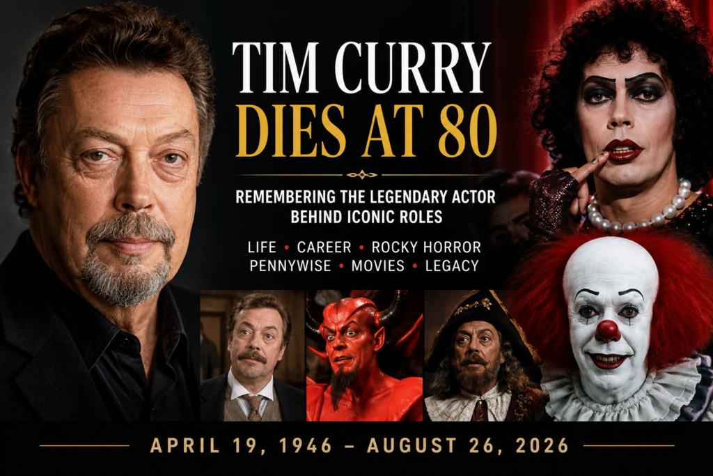 Tim Curry featured in a tribute image celebrating his life, career, Rocky Horror and Pennywise roles