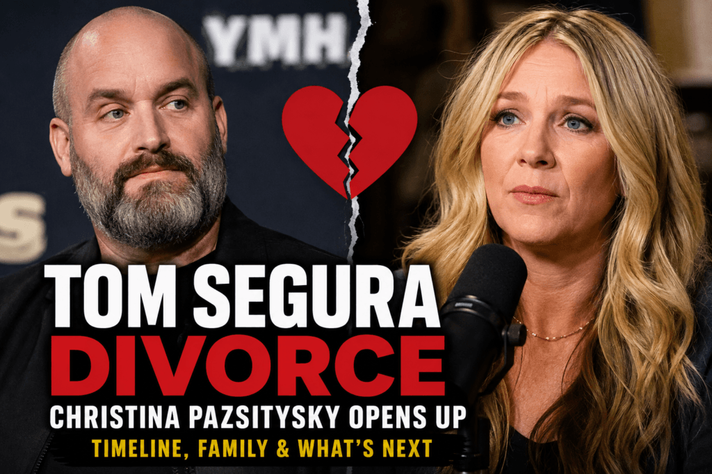 Tom Segura and Christina Pazsitzky featured in an editorial image about their 2026 divorce and Christina's public statement.