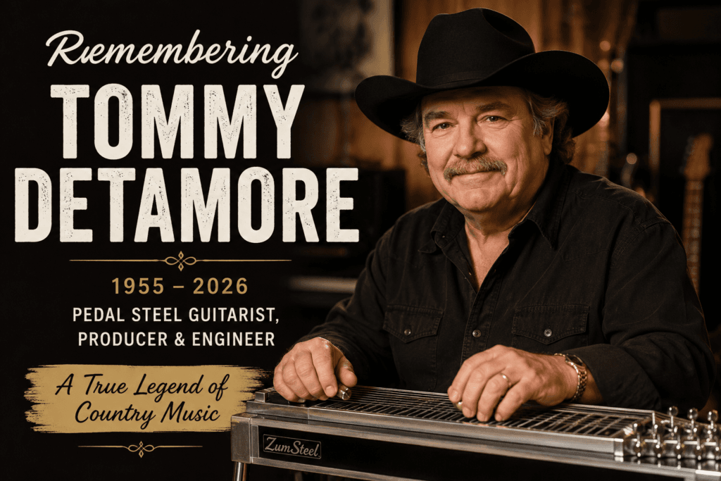 Portrait of Tommy Detamore with his pedal steel guitar, honoring the legendary country musician after his death at age 70.