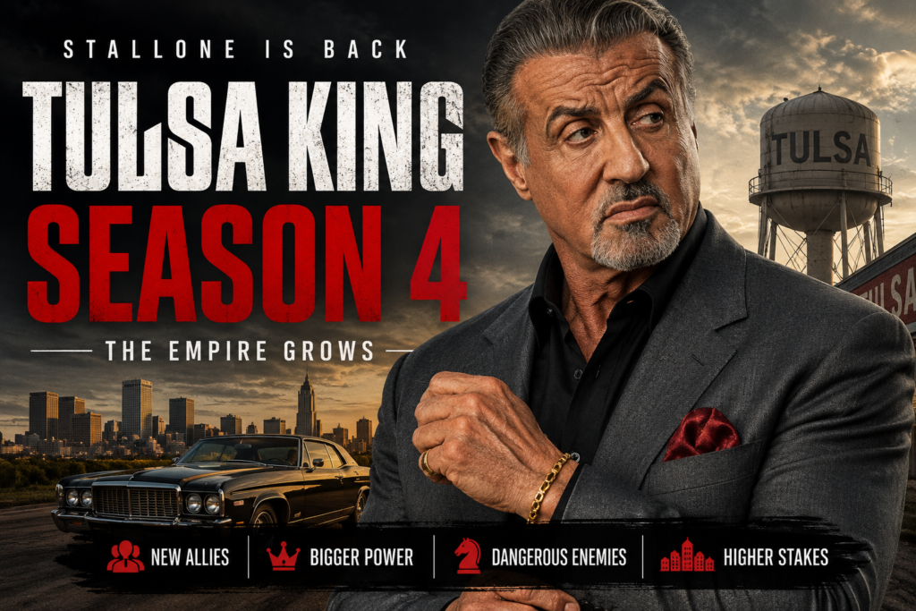 Tulsa King Season 4 poster featuring Sylvester Stallone as Dwight Manfredi