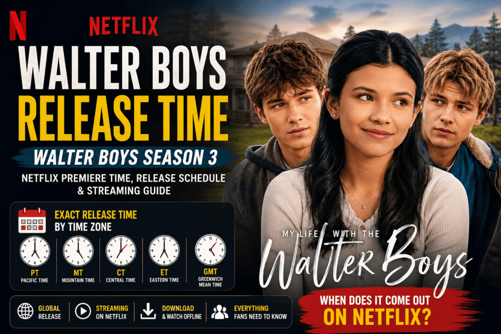 Walter Boys Release Time featured image showing the Netflix premiere schedule, global release times, and Walter Boys Season 3 guide.