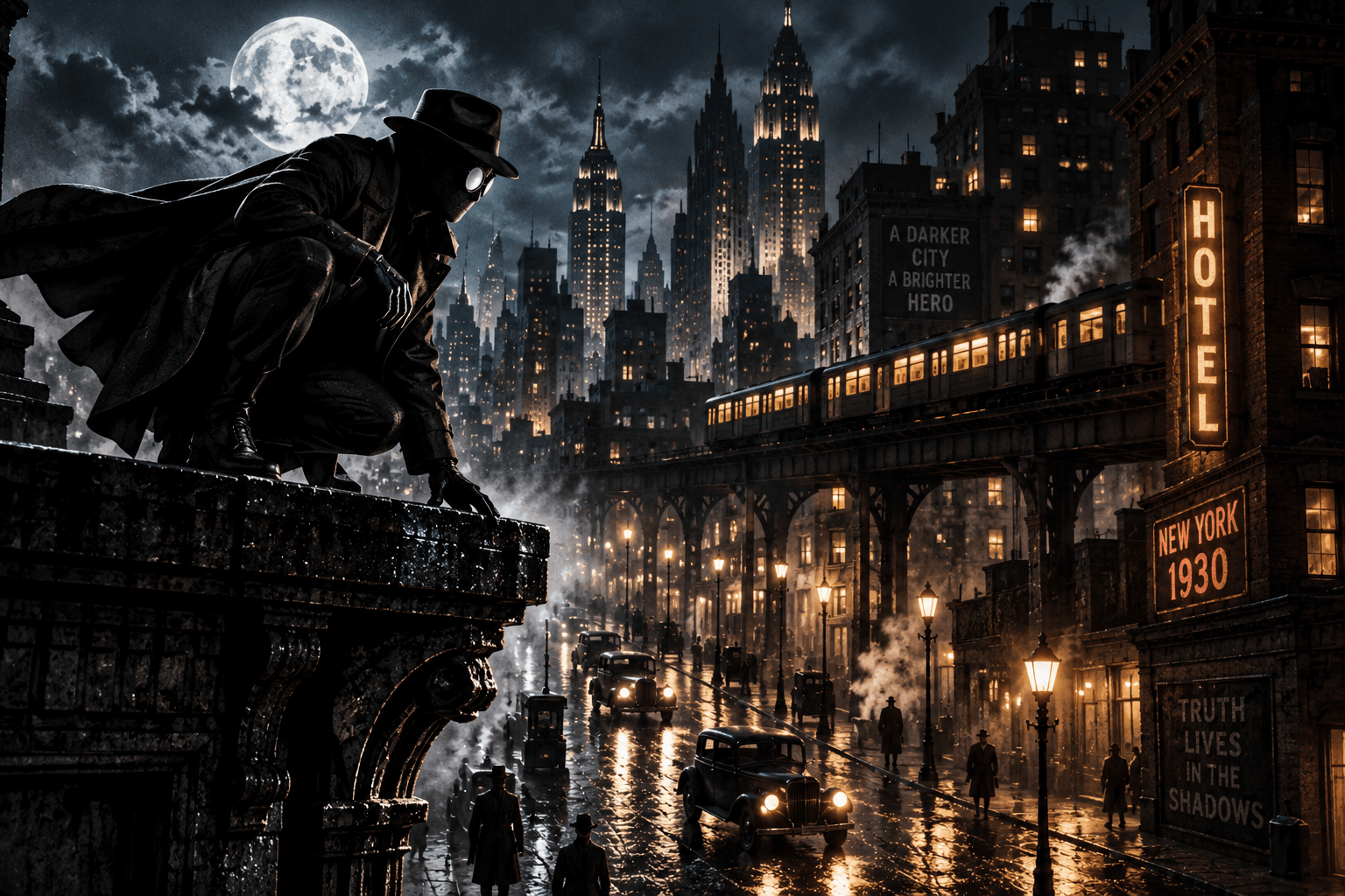 1930s Spider-Man Noir-inspired city with a masked detective overlooking a rainy New York skyline