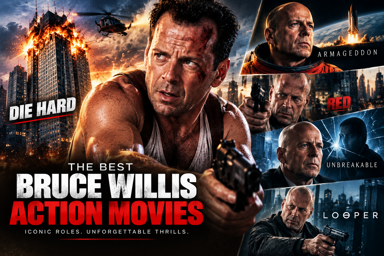 Bruce Willis in his best action movies including Die Hard, Armageddon, Red, Unbreakable, and Looper