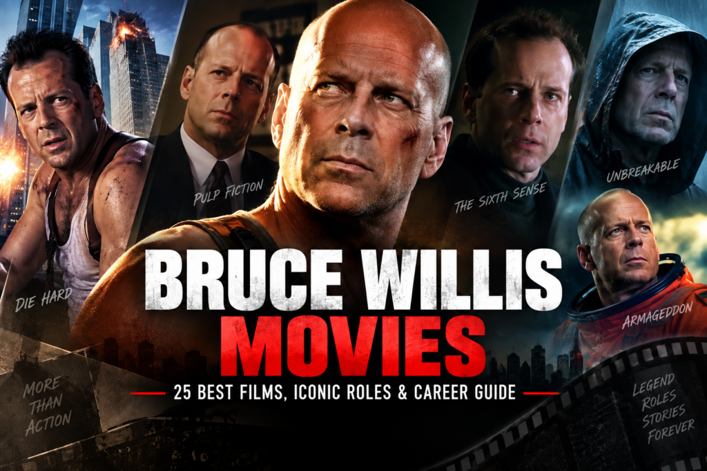 Bruce Willis movies featuring his iconic roles from Die Hard, Pulp Fiction, The Sixth Sense, and Armageddon
