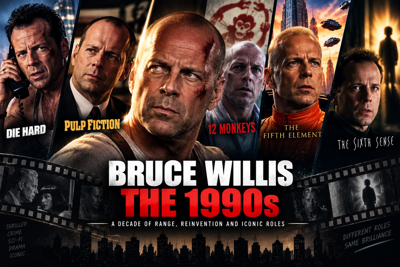 Bruce Willis in iconic 1990s movies including Die Hard, Pulp Fiction, 12 Monkeys, The Fifth Element, and The Sixth Sense