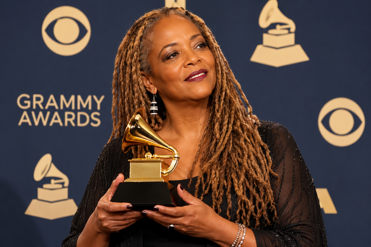 Cassandra Wilson holding a Grammy Award for Best Jazz Vocal Album
