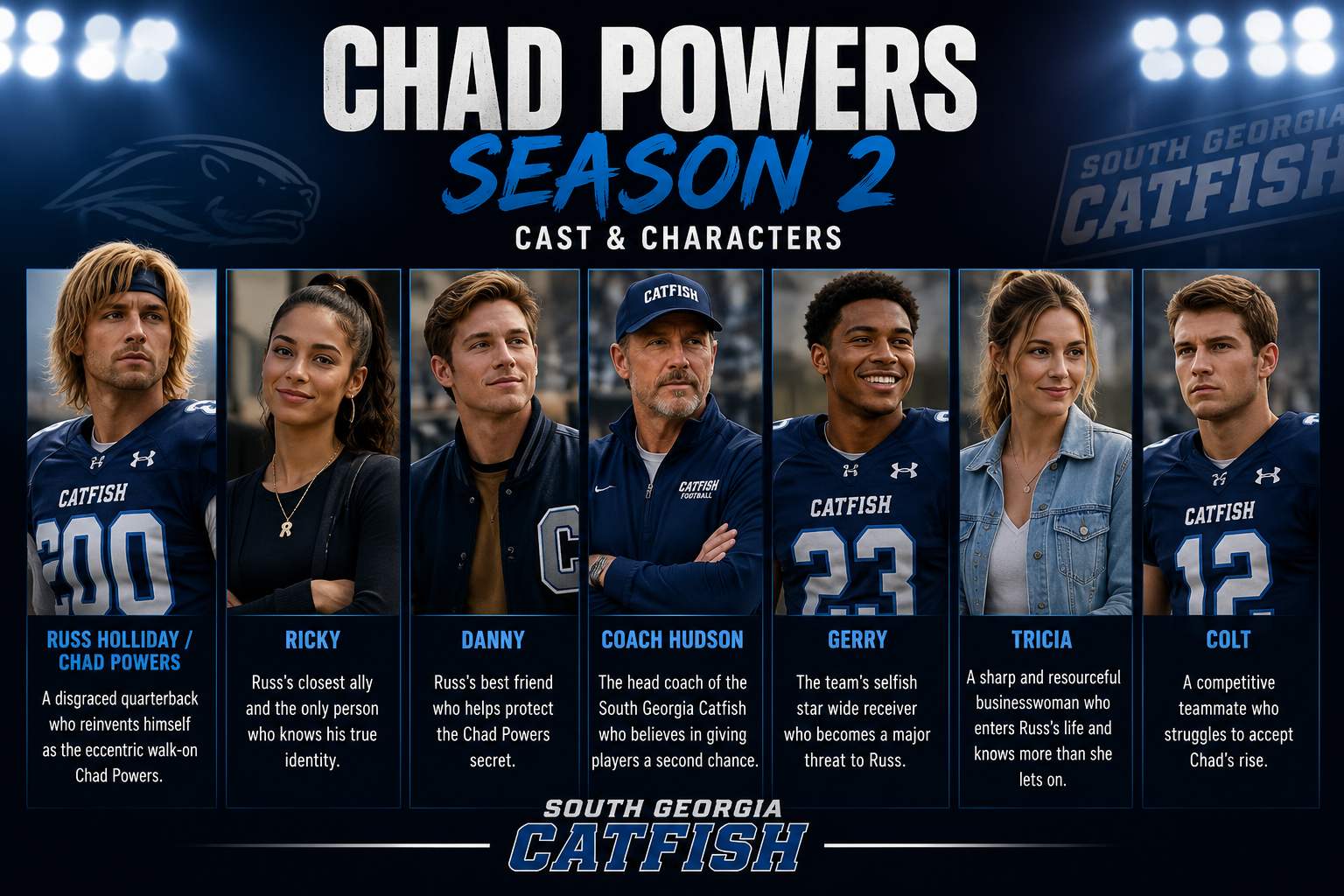 Chad Powers Season 2 cast and characters featuring Russ Holliday, Ricky, Danny, Coach Hudson and Gerry
