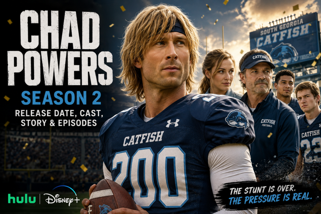 Chad Powers Season 2 featuring Glen Powell as Chad Powers in a Catfish football jersey