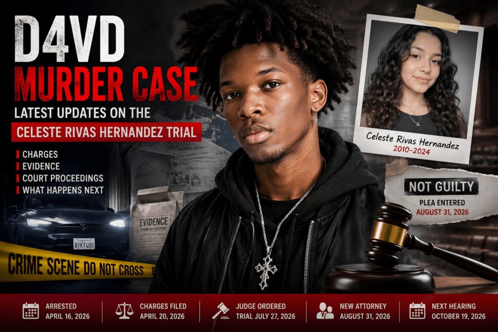 D4vd murder case featured image showing D4vd, Celeste Rivas Hernandez, and court trial updates