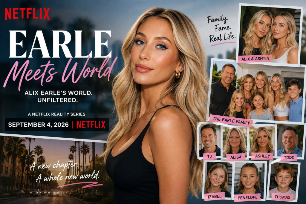 Earle Meets World Netflix reality series poster featuring Alix Earle and her family