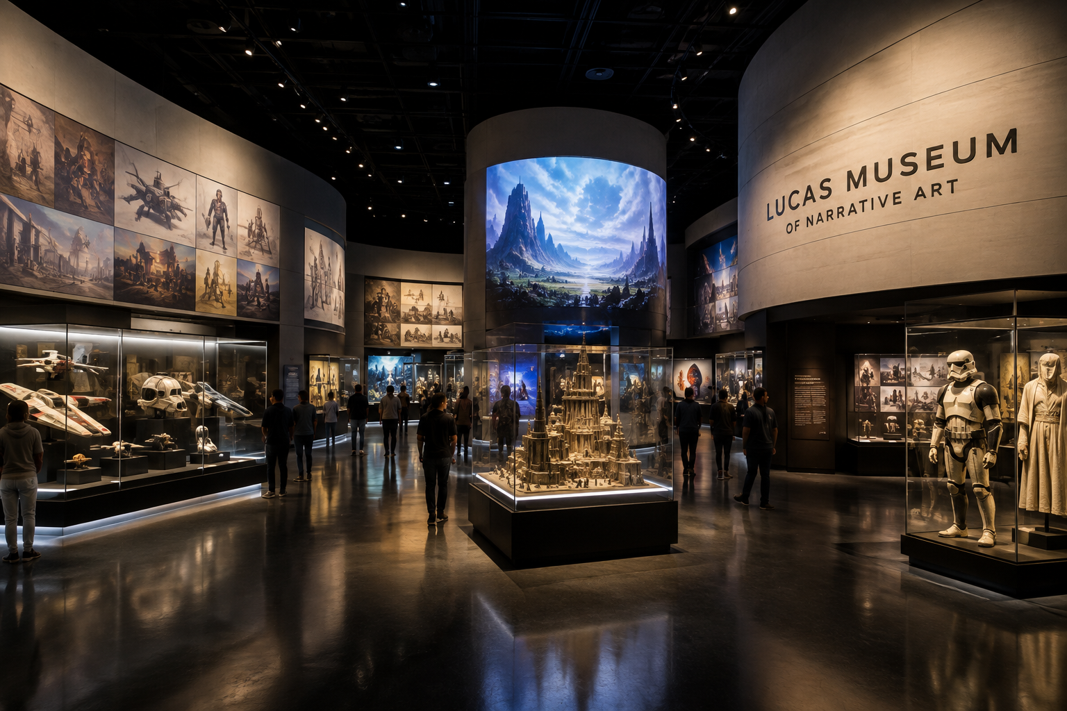Lucas Museum of Narrative Art interior gallery with exhibits and visitors