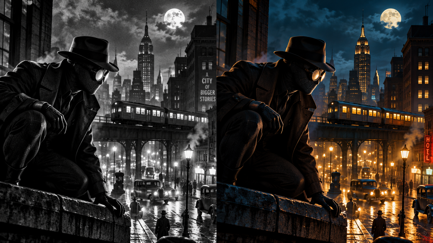 Spider-Noir black-and-white and full-color visual styles compared in a 1930s noir city