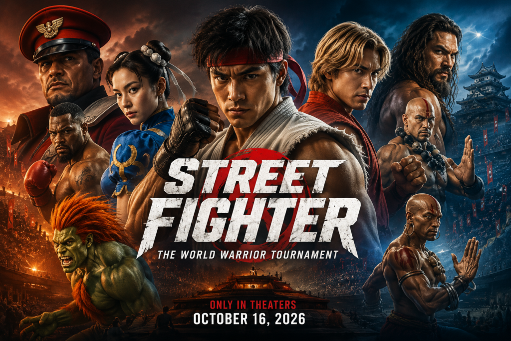 Street Fighter Movie 2026 poster featuring Ryu, Ken, Chun-Li, Balrog, Blanka and other fighters